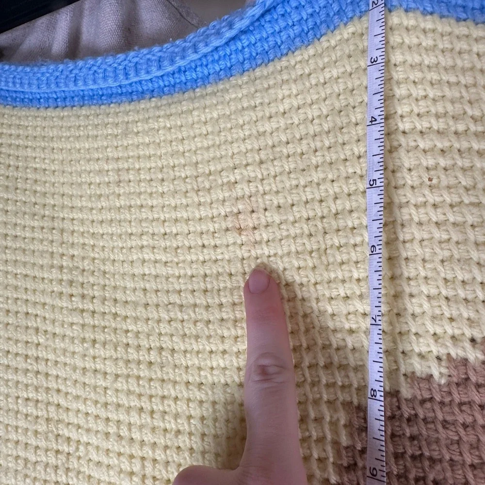 Vintage Handmade Crochet Teddy Bear Baby Blanket Yellow Blue‎ 44x48 knit nursery